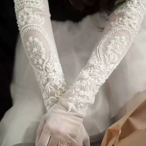 White Bridal Lace Gloves – Intricate Embroidered Long Wedding Gloves
